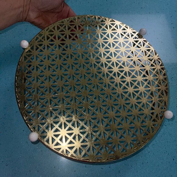 Vintage Gold Tone Metal Footed Drink Serving Tray With Handles - Picture 4 of 9